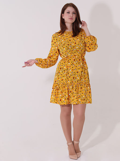 Платье желтое с цветочным принтом до колена - Almond фото 2