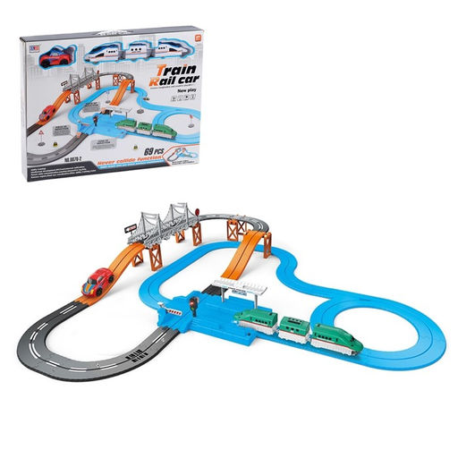 Железная дорога-автотрек Большое путешествие, с машинкой и поездом, перекресток, светофор