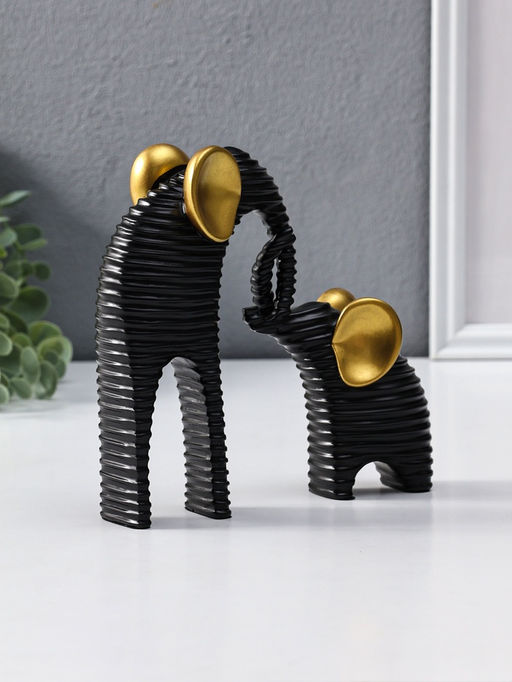 Сувенир полистоун "Слон со слонёнком. Гофре" чёрный с золотом набор 2 шт 5,5х16,5х16,5 см