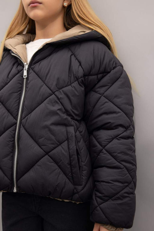 Водоотталкивающий двусторонний стеганый пуховик с капюшоном и застежкой-молнией для девочек - Defacto фото 5