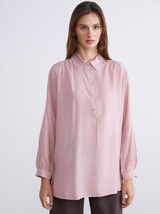 G?mlek Yaka ?izgili Oversize Kad?n Tunik