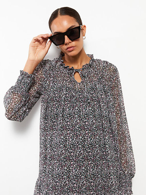 Ba?lamal? Yaka ?i?ekli Uzun Kollu Hamile Elbise