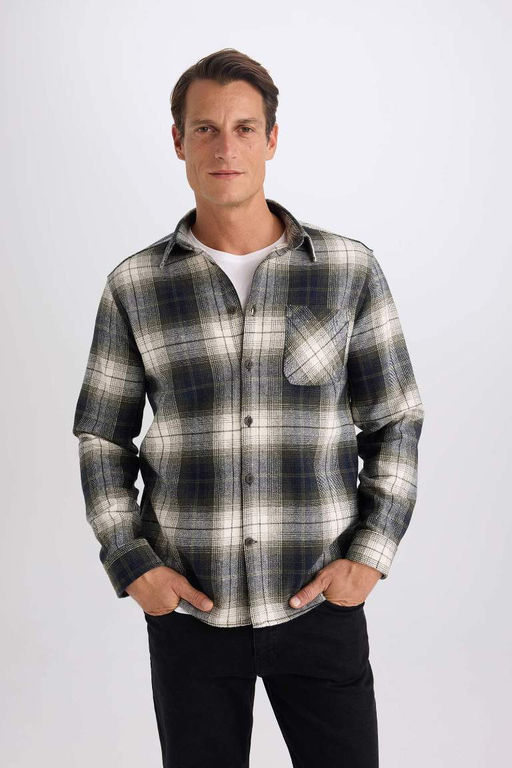 Фланелевая рубашка стандартного кроя с воротником поло и длинными рукавами в клетку - Defacto фото 5
