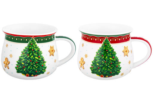 Набор 2 кружек 250 мл 11*8,5*7 см Новогодняя елка зеленый + красный узор, бочонок, NEW BONE CHINA - Elan gallery фото 7