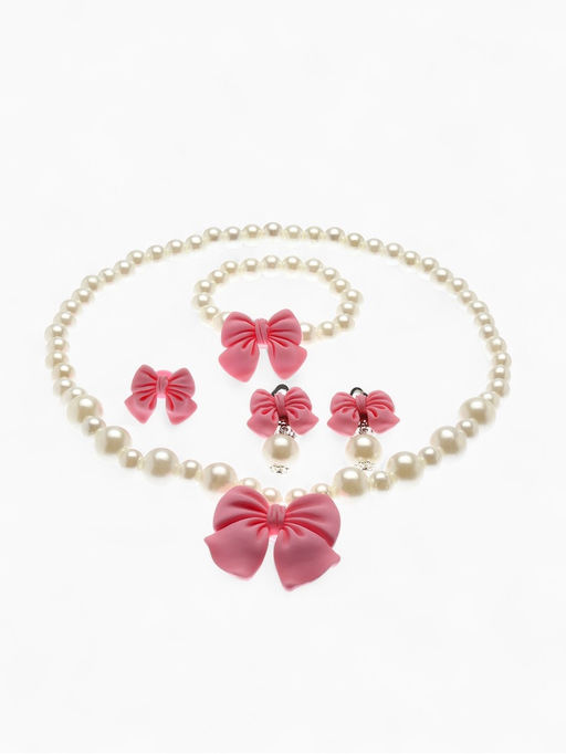 Набор детских украшений Выбражулька Бант, 4 предмета: кулон, браслет d=6 см кольцо, клипсы, бело-розовый  фото 4