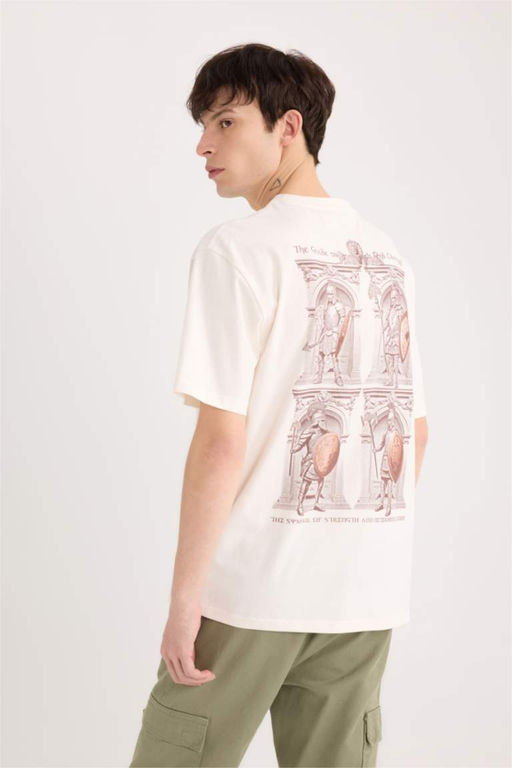 %100 Pamuk Boxy Fit Bisiklet Yaka S_rt Bask_l_ K_sa Kollu Ti__rt