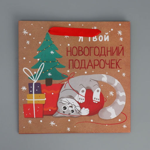 Цена за 2 шт. Пакет подарочный новогодний крафтовый квадратный Подарочек, 22?22?11 см