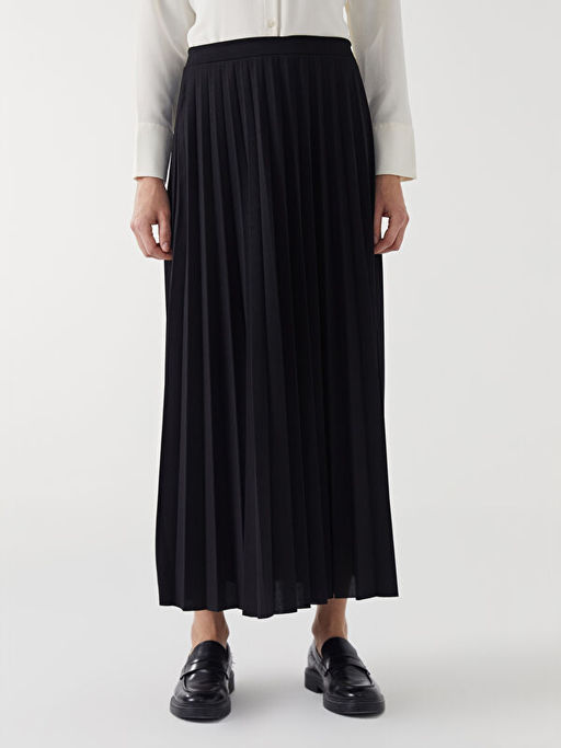 Beli Lastikli D?z Krep Kad?n Pileli Etek