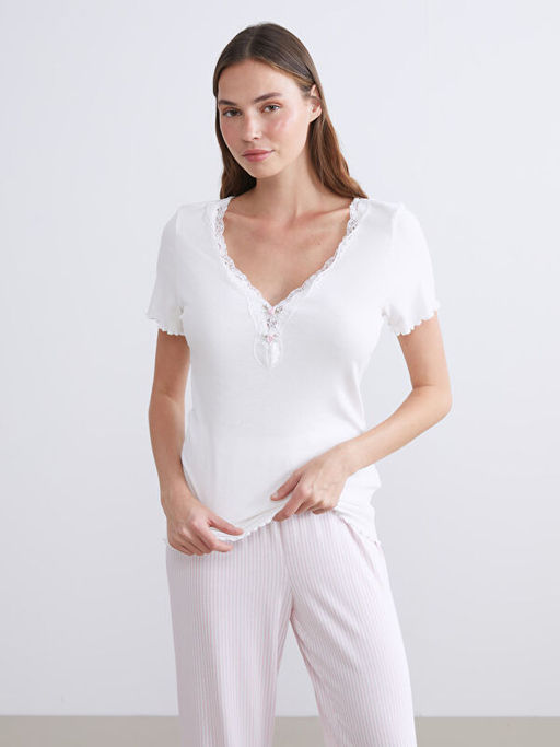 V Yaka ?izgili Kad?n Pijama Tak?m?