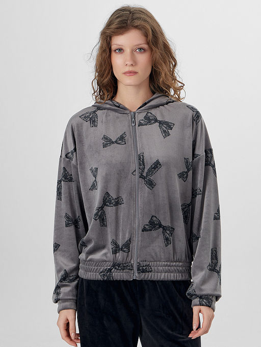 Толстовка женская велюровая серая с узором бантики