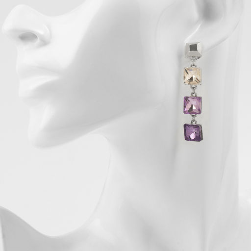 Серьги со стразами Блум квадраты тёмные, цветные в серебре - Qf фото 3