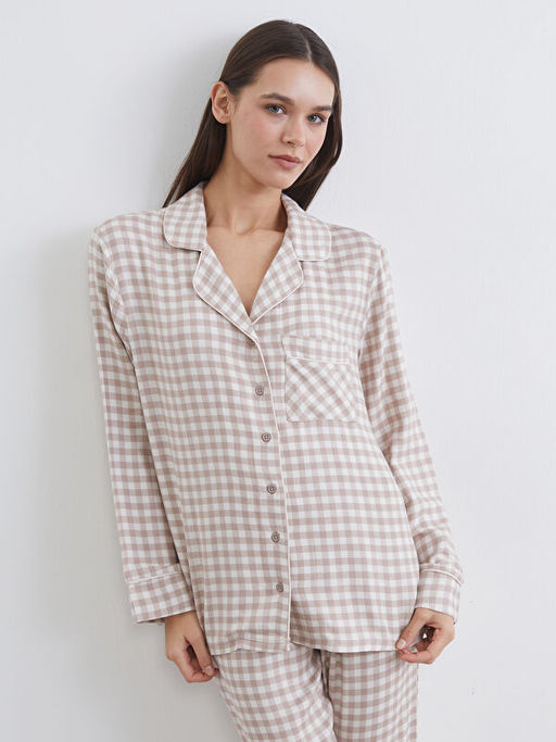 G?mlek Yaka Ekose Kad?n Pijama Tak?m?