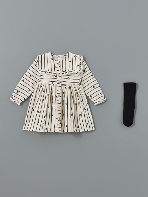 Bebe Yaka ?i?ekli K?z Bebek Elbise ve K?lotlu ?orap 2li