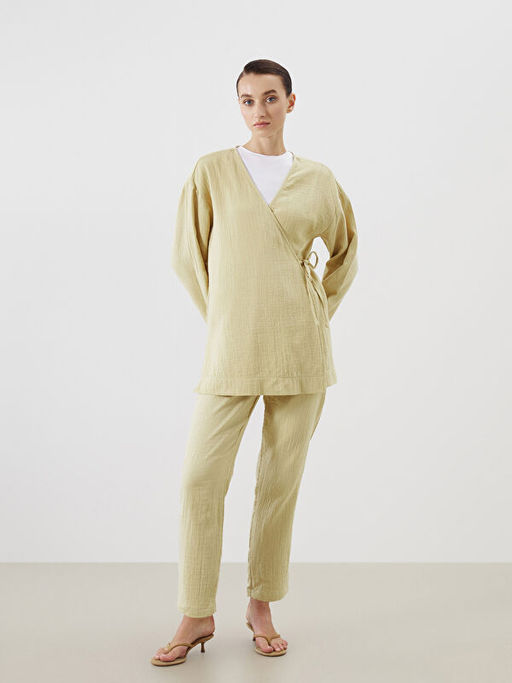 Kruvaze Yaka Dokulu Y?rtma?l? Kad?n Kimono