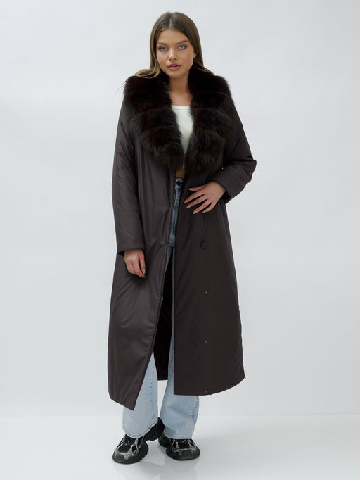 Пальто зимнее женское с мехом песец люкс класса темно-коричневого цвета 5071TK - Mtforce фото 19