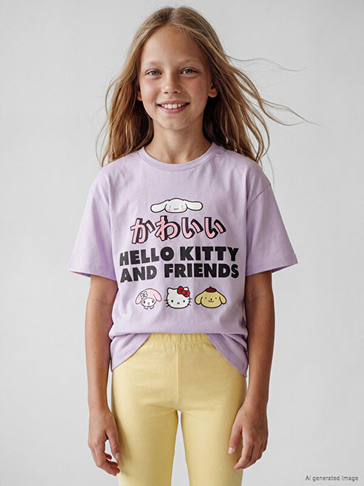 Bisiklet Yaka Hello Kitty Bask?l? K?z ?ocuk Ti??rt