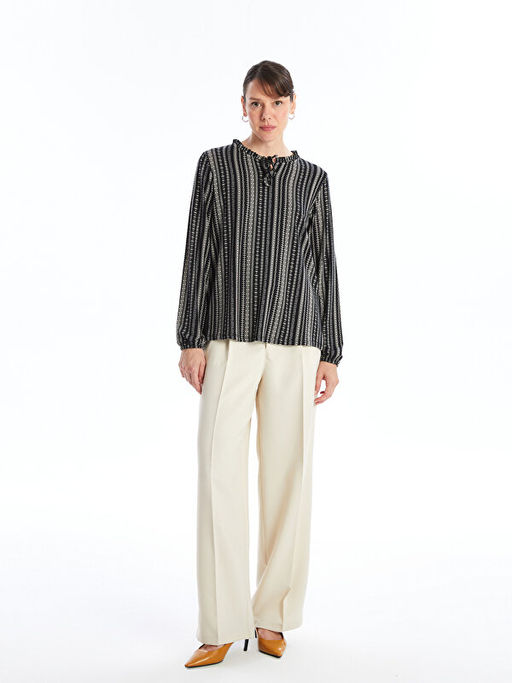 Ba?lamal? Yaka Desenli Uzun Kollu Kad?n Bluz