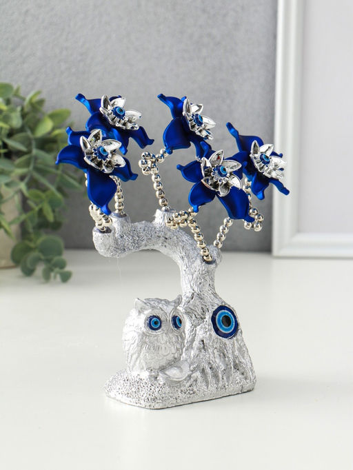Фигурка от сглаза «Цветущее дерево. Филин со слитком золота», серебро, синий, 16×5.5×18.5 см