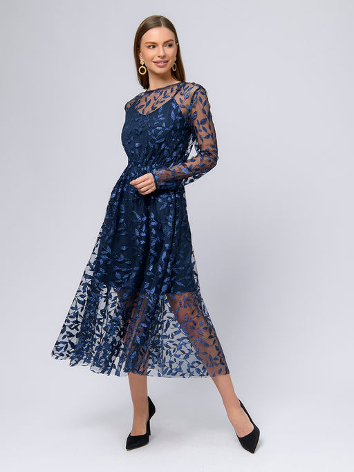 УЦЕНКА. Платье синего цвета длины миди с отделкой из фатина