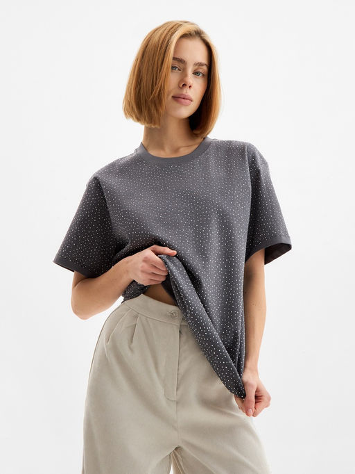 Футболка со стразами женская MIST, серая, размер M