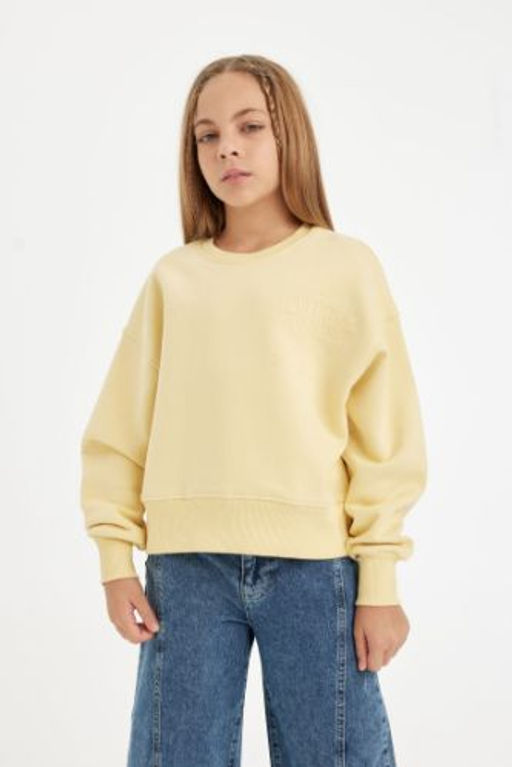 K?z Cocuk Relax Fit Bisiklet Yaka Bask?l? Sweatshirt