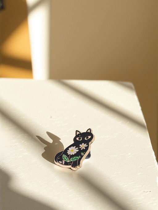 Значок Кошка с ромашками, цвет чёрный в золоте