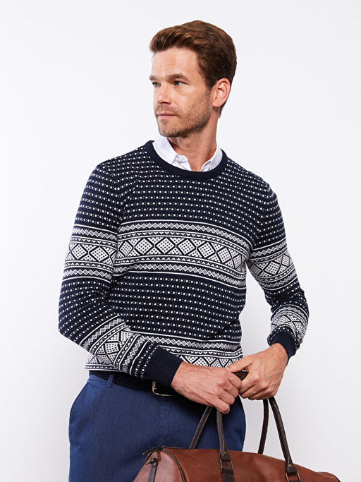 Bisiklet Yaka Uzun Kollu Desenli Erkek Triko Kazak