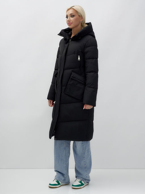 Пальто утепленное стеганное зимнее с капюшоном женское черного цвета 9639Ch - Mtforce фото 3