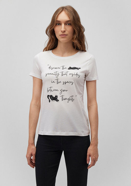 Kedi Bask?l? Beyaz Tisort - Mavi фото 3