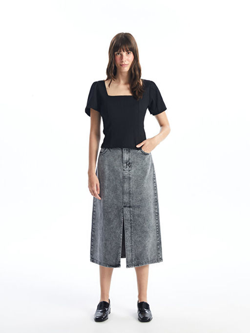 Kare Yaka D?z K?sa Kollu Crop Kad?n Bluz