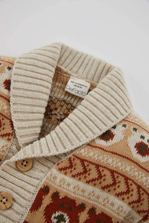 Трикотажный кардиган с шалевым воротником и этническим узором для маленьких мальчиков - Defacto фото 2