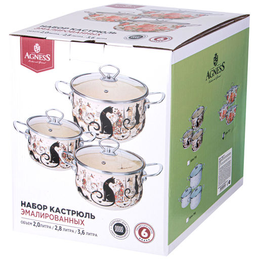 НАБОР КАСТРЮЛЬ AGNESS ЭМАЛИРОВАННЫХ СЕРИЯ ПАРИЖСКИЕ КОТЫ, 6ПР. 2,0/2,8/3,6Л,18Х11/20Х12/22Х13СМ фото 2