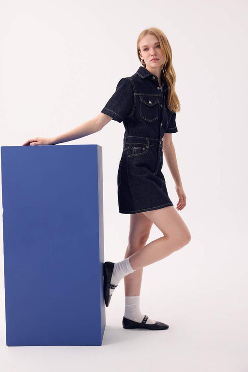 Модное джинсовое платье миди с короткими рукавами - Defacto фото 3