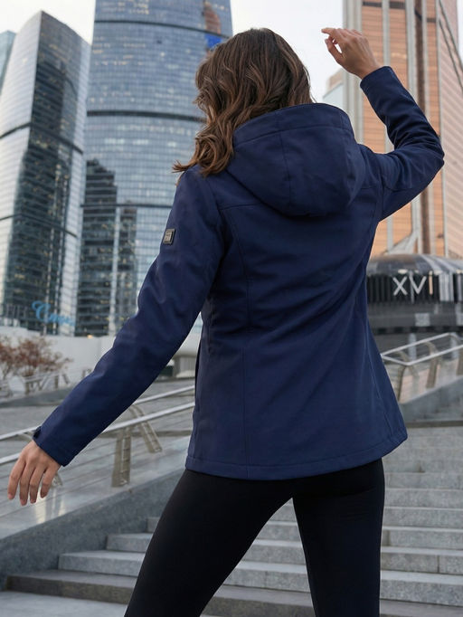 Ветровка женская софтшелл виндстоппер с капюшоном спортивная темно-синего цвета 9616_1TS - Valianly фото 19