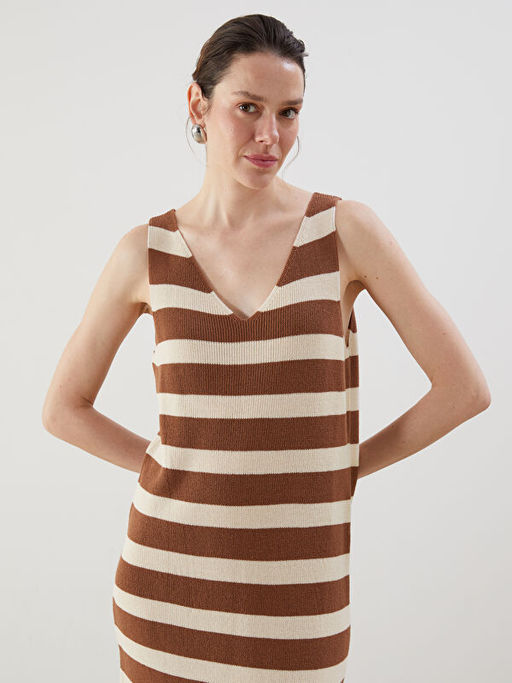 V Yaka ?izgili Kad?n Triko Elbise