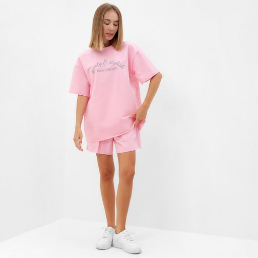 Костюм женский (футболка, шорты) MINAKU: SPORTY & STYLISH, светло-розовый, размер 48
