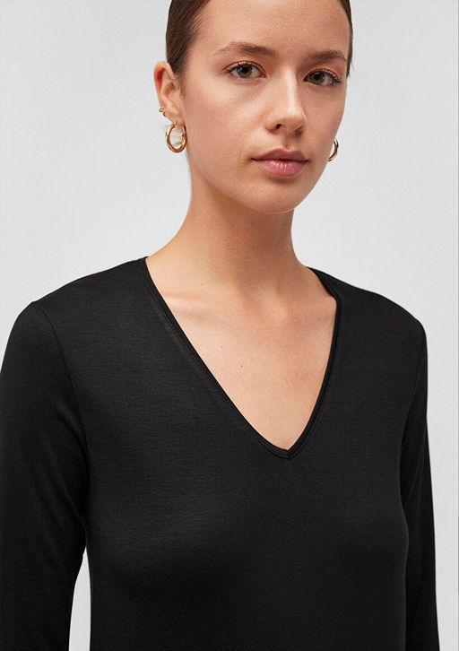 Uzun Kollu Siyah Basic Tisort - Mavi фото 5