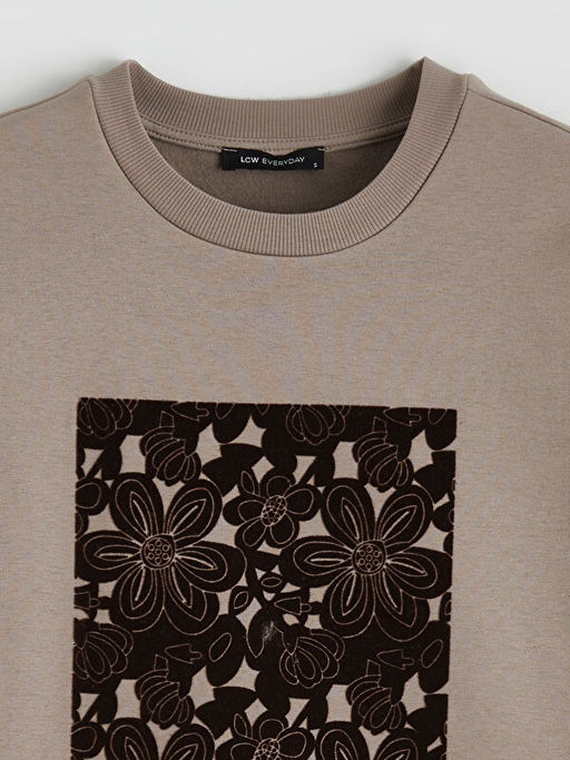 Bisiklet Yaka Bask?l? Kad?n Kal?n Sweatshirt