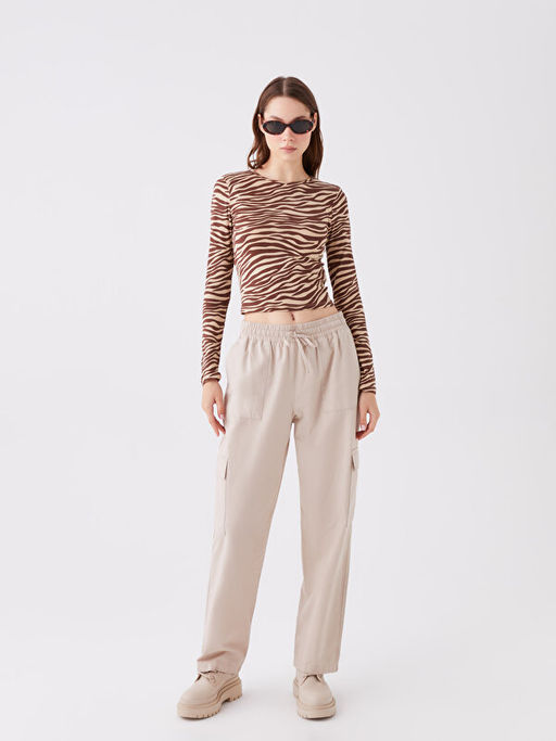 Bisiklet Yaka Bask?l? Uzun Kollu Kad?n Crop