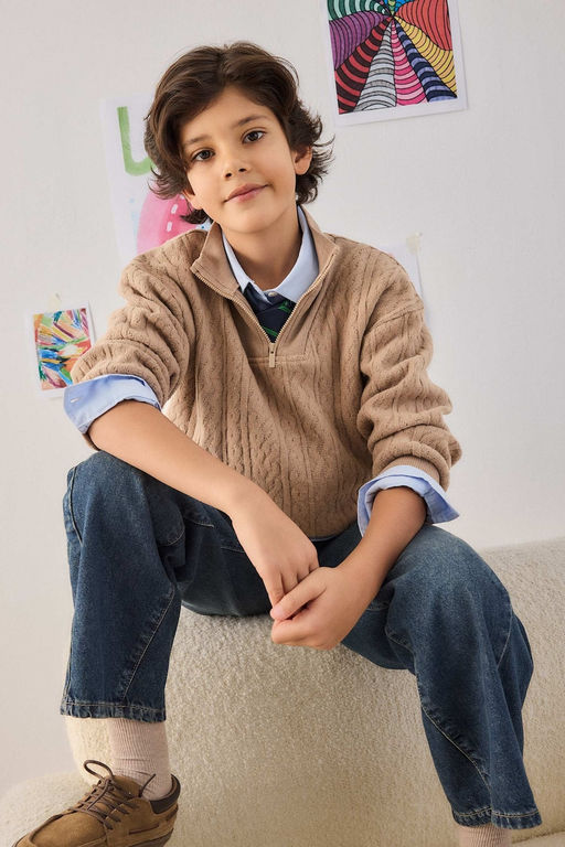Yar_m Fermuarl_ __i Yumu_ak T_yl_ Sweatshirt Erkek _ocuk - Defacto фото 4