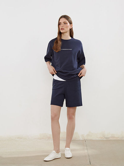 Bisiklet Yaka Bask?l? Oversize Kad?n Ti??rt