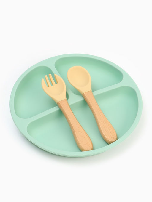 Тарелка детская секционная с ложкой и вилкой, 3 секции, бирюзовый, Mum&Baby
