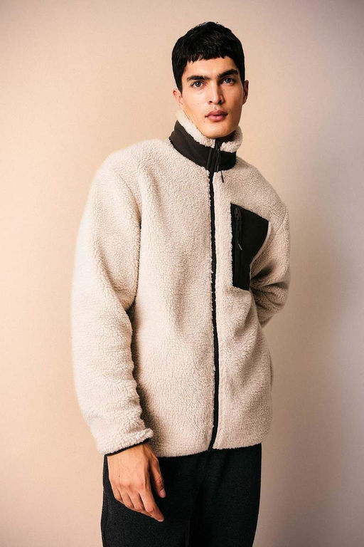 Плюшевое пальто унисекс с воротником-стойкой на молнии - Defacto фото 3