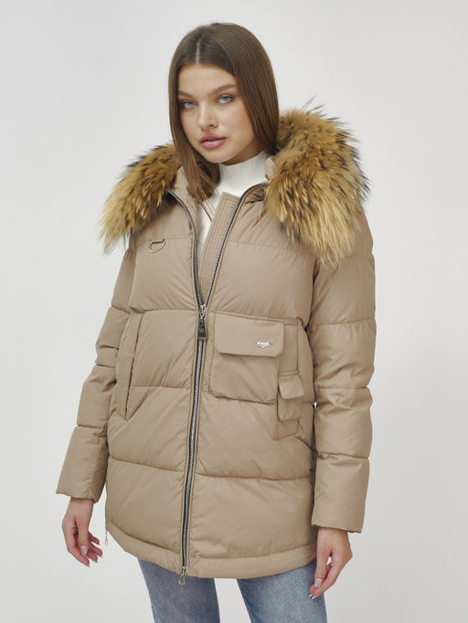 Куртка Бренд Visdeer ПРЕМИУМ КЛАССА зимняя с мехом ЕНОТА, бежевого цвета  фото 12