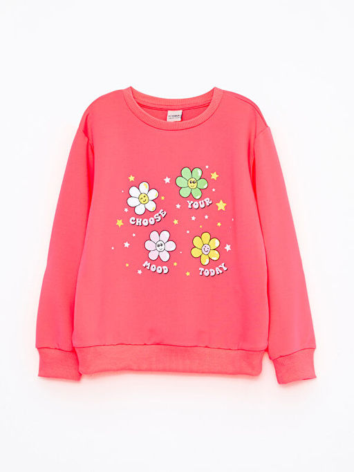 Bisiklet Yaka Bask?l? Uzun Kollu K?z ?ocuk Sweatshirt