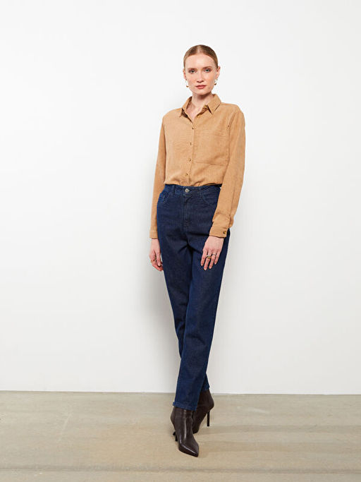 Kad?n Y?ksek Bel Mom Fit D?z Jean Pantolon