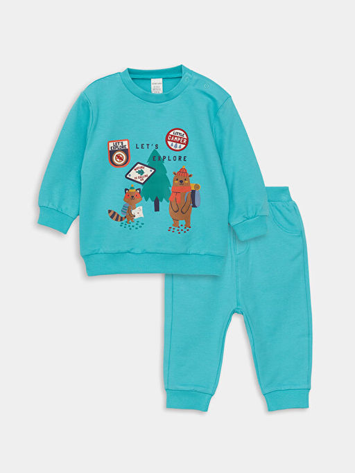 Bisiklet Yaka Uzun Bask?l? Erkek Bebek Sweatshirt ve Pantolon 2li Tak?m