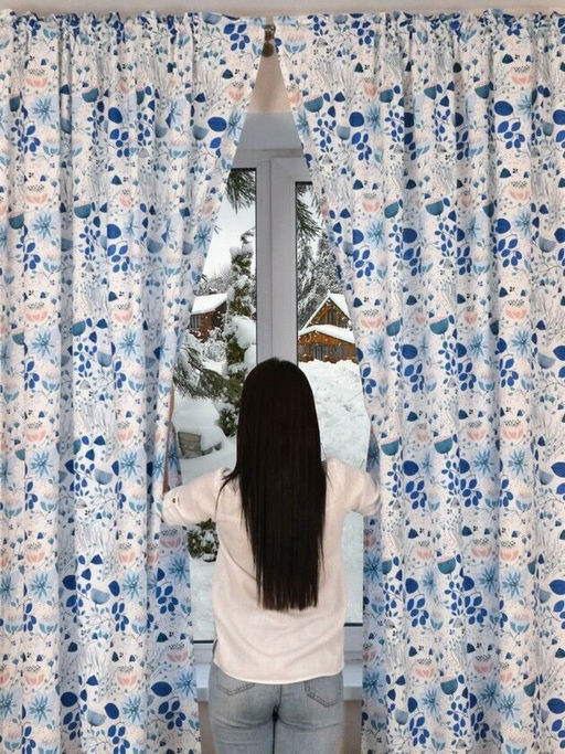 Штора набив. Голубой лотос тесьма п/лен 145*260 см. - Лен поволжья фото 2