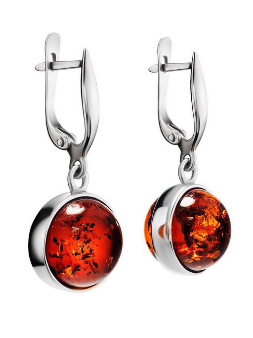 Круглые серьги из серебра и натурального янтаря коньячного цвета Сорбонна