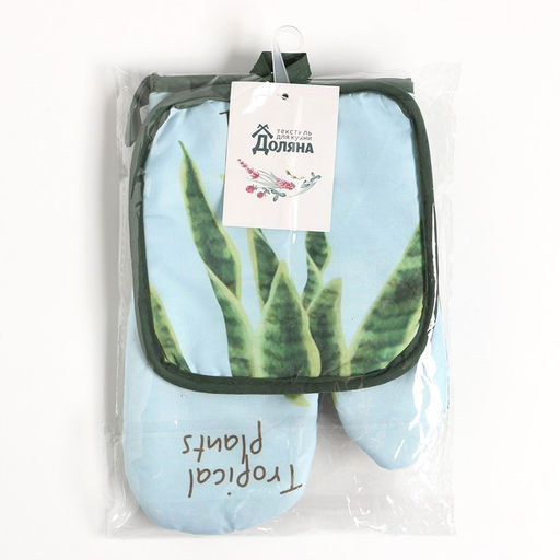 Кухонный набор 2 предмета Доляна Tropical цвет голубой: прихватка 17х17 см, варежка 25х16 см, 100% п/э  фото 7